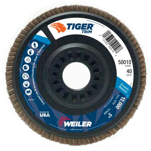 5″ Tiger Disc Abrasive Flap Disc, Angled, Trimmable Backing, 40Z, 7/8″ Arbor Hole - Top Tool & Supply