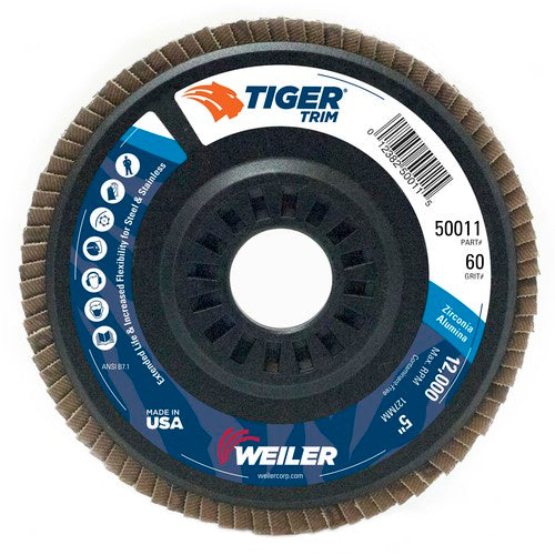 5″ Tiger Disc Abrasive Flap Disc, Angled, Trimmable Backing, 60Z, 7/8″ Arbor Hole - Top Tool & Supply