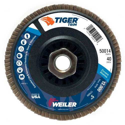 5″ Tiger Disc Abrasive Flap Disc, Angled, Trimmable Backing, 40Z, 5/8″-11 UNC Nut - Top Tool & Supply