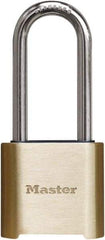 Master Lock - 2" Body Width x 3" Body Height, 2" Shackle Clearance, Brass Finish Combination Lock - 5/16" Shackle Diam, 1" Shackle Width, Set Your Own 4 Digit Combination - Top Tool & Supply