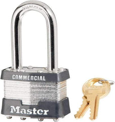 Master Lock - 1-1/2" Shackle Clearance, Keyed Alike Laminated Steel Padlock - 5/16" Shackle Diam, Steel - Top Tool & Supply