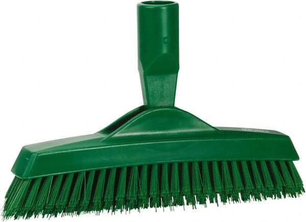 Vikan - 1.6" Bristle Length, Polyester Utility Scrub Brush - 9" Long x 1-1/2" Wide Head, 9-1/4" OAL, European Threaded Handle, Green, Polypropylene Block - Top Tool & Supply