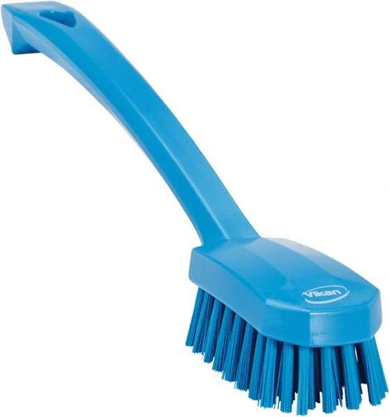 Vikan - 0.8" Bristle Length, Polyester Food Service Brush - 3" Long x 1.6" Wide Head, 10.2" OAL, Ergonomic Handle, Blue, Polypropylene Block - Top Tool & Supply