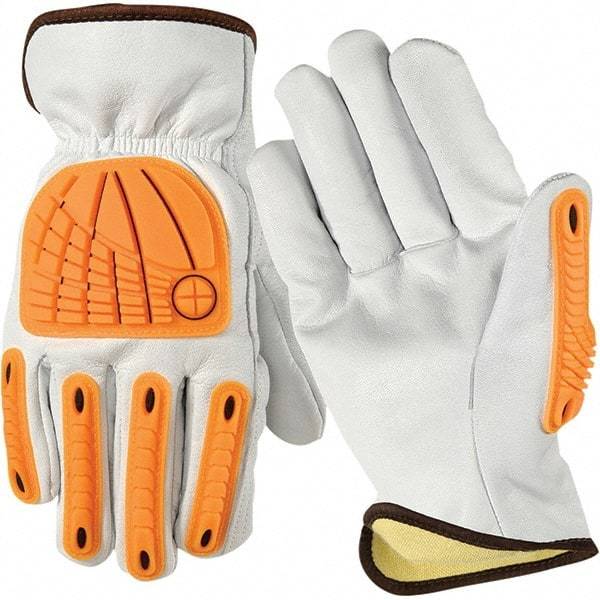 Wells Lamont - Size M Cut Resistant Work Gloves - For Work & Driver, Uncoated, Elastic Band Cuff, Full Fingered, White/Orange, Paired - Top Tool & Supply