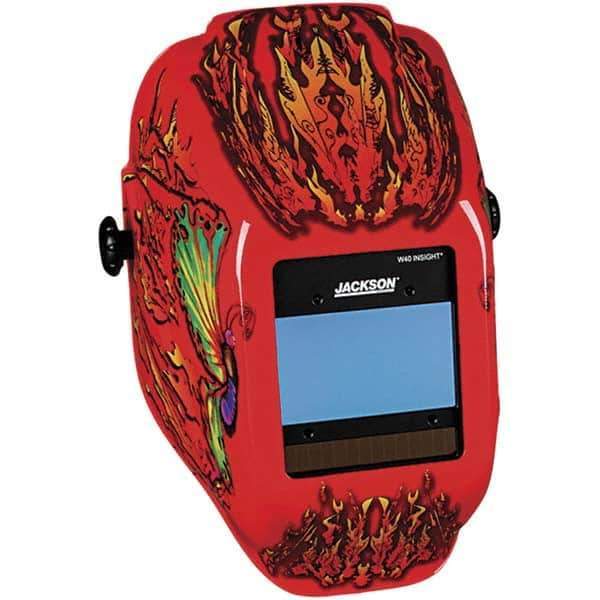 Jackson Safety - 2.36" Window Width x 3.94" Window Height, 9 to 13 Shade Auto-Darkening Lens, Fixed Front Welding Helmet with Digital Controls - Red Flaming Butterfly Design, Nylon - Top Tool & Supply