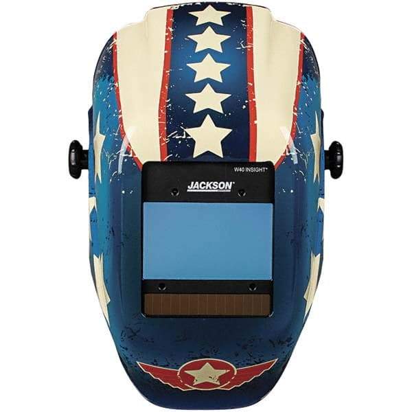 Jackson Safety - 2.36" Window Width x 3.94" Window Height, 9 to 13 Shade Auto-Darkening Lens, Fixed Front Welding Helmet with Digital Controls - Red/White/Blue Stars & Scars Design, Nylon - Top Tool & Supply