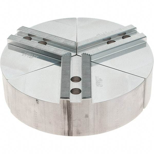 Abbott Workholding Products - 8" Max Chuck Capacity, 1.5mm x 60° Serrated Interface, Round Soft Lathe Chuck Jaw - 3 Jaw, Aluminum, 0.9843" Btw Mount Hole Ctrs, 8" Wide, 2" High, 12mm Fastener - Top Tool & Supply