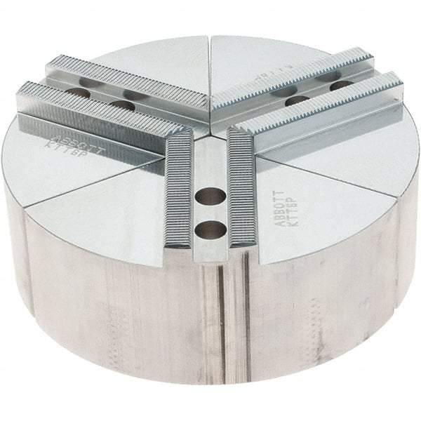 Abbott Workholding Products - 6" Max Chuck Capacity, 1.5mm x 60° Serrated Interface, Round Soft Lathe Chuck Jaw - 3 Jaw, Aluminum, 0.7874" Btw Mount Hole Ctrs, 6" Wide, 2" High, 10mm Fastener - Top Tool & Supply