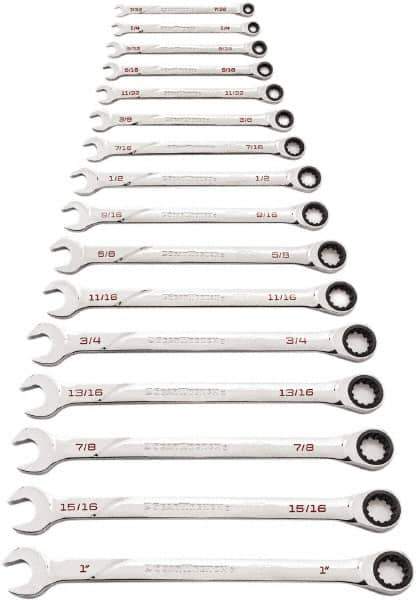 GearWrench - 16 Piece, 7/32" to 1", Ratcheting Combination Wrench Set - Inch Measurement Standard, Chrome Finish - Top Tool & Supply