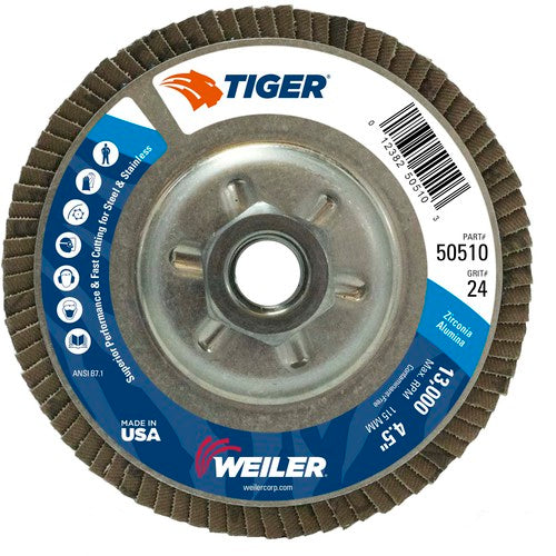 4-1/2″ Tiger Disc Abrasive Flap Disc, Angled, Alum. Backing, 24Z, 5/8″-11 UNC Nut - Top Tool & Supply