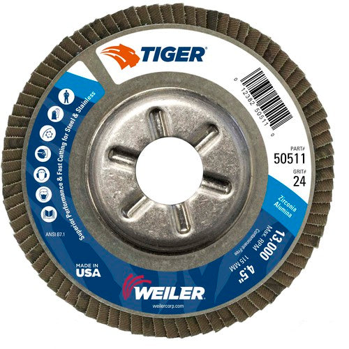 4-1/2″ Tiger Disc Abrasive Flap Disc, Angled, Alum. Backing, 24Z, 7/8″ Arbor Hole - Top Tool & Supply