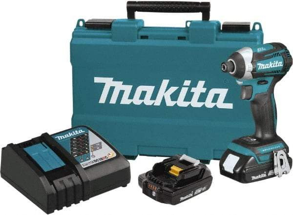 Makita - 18 Volt, 1/4" Drive, 20 Ft/Lb Torque, Cordless Impact Driver - Pistol Grip Handle, 3600 RPM, 2 Lithium-Ion Batteries Included - Top Tool & Supply