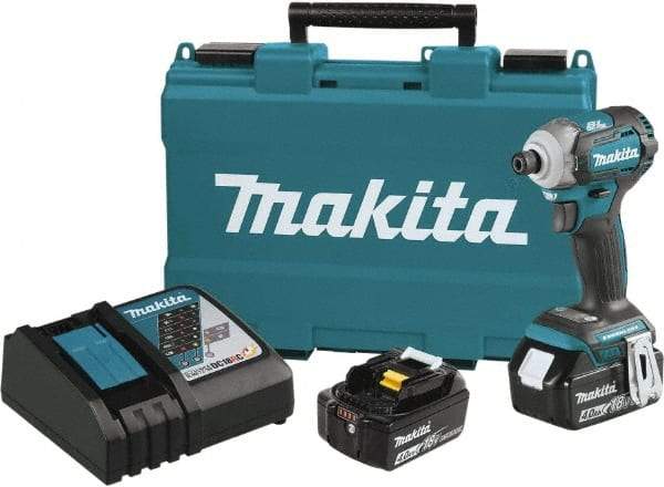 Makita - 18 Volt, 1/2" Drive, 20 Ft/Lb Torque, Cordless Impact Driver - Pistol Grip Handle, 3600 RPM, 2 Lithium-Ion Batteries Included - Top Tool & Supply