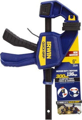 Irwin - 6" Capacity, 3-3/16" Throat Depth Carbon Steel Bar Clamp - 300 Lb Clamping Pressure, 13-1/4" OAL, 339.73mm Max Spread - Top Tool & Supply