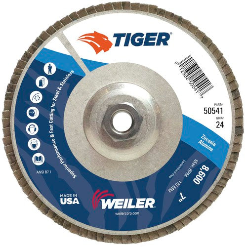 7″ Tiger Disc Abrasive Flap Disc, Angled, Alum. Backing, 24Z, 5/8″-11 UNC Nut - Top Tool & Supply