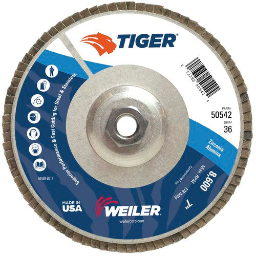 7″ Tiger Disc Abrasive Flap Disc, Angled, Alum. Backing, 36Z, 5/8″-11 UNC Nut - Top Tool & Supply