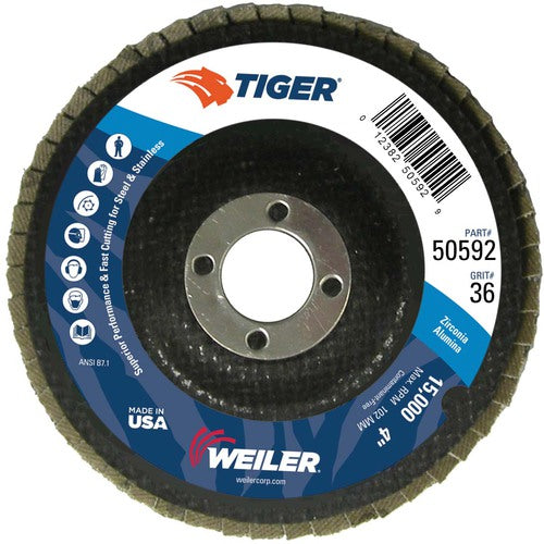 4″ Tiger Disc Abrasive Flap Disc, Angled, Phenolic Backing, 36Z, 5/8″ Arbor Hole - Top Tool & Supply