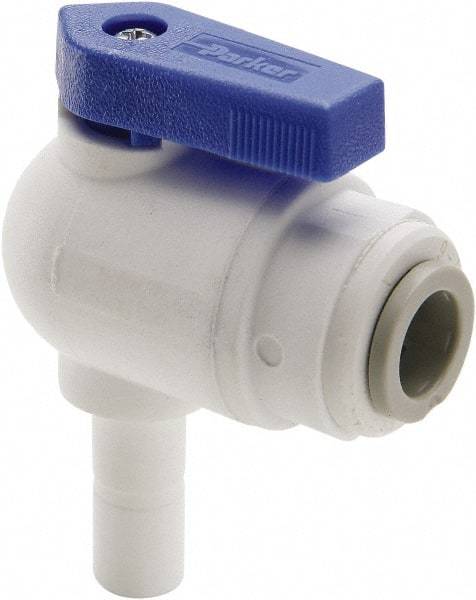 Parker - 3/8 x 3/8" Pipe, Full Port, Polypropylene Valve Tube Elbow Union Ball Valve - Bi-Directional, Tube OD x Stem OD Ends, Wedge Handle, 150 WOG - Top Tool & Supply