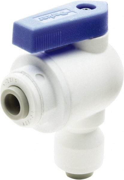 Parker - 3/8 x 1/4" Pipe, Full Port, Polypropylene Valve Elbow Union Ball Valve - Bi-Directional, Push-to-Connect x Push-to-Connect Ends, Wedge Handle, 150 WOG - Top Tool & Supply