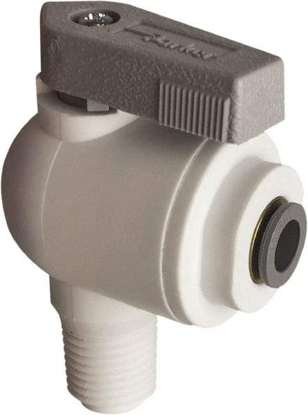 Parker - 1/2" Pipe, Full Port, Polypropylene Valve Male Elbow Ball Valve - Bi-Directional, MNPT x Push-to-Connect Ends, Wedge Handle, 150 WOG - Top Tool & Supply