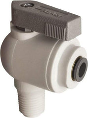 Parker - 1/4" Pipe, Full Port, Polypropylene Valve Male Elbow Ball Valve - Bi-Directional, MNPT x Push-to-Connect Ends, Wedge Handle, 150 WOG - Top Tool & Supply