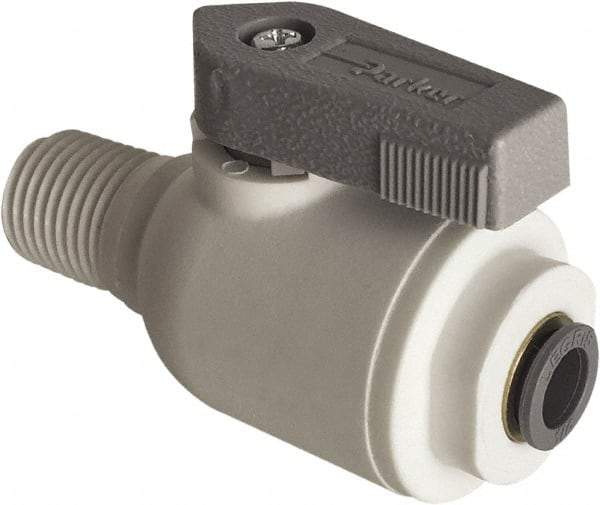 Parker - 3/8" Pipe, Full Port, Polypropylene Valve Male Connector Ball Valve - Bi-Directional, MNPT x Push-to-Connect Ends, Wedge Handle, 150 WOG - Top Tool & Supply