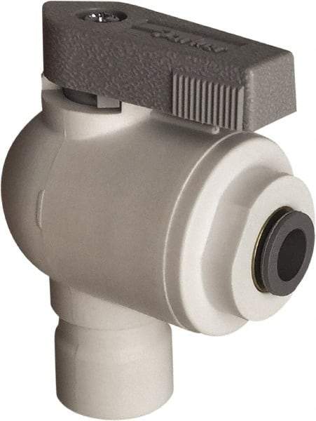 Parker - 1/4 x 3/8" Pipe, Full Port, Polypropylene Valve Elbow Union Ball Valve - Bi-Directional, Push-to-Connect x Push-to-Connect Ends, Wedge Handle, 150 WOG - Top Tool & Supply