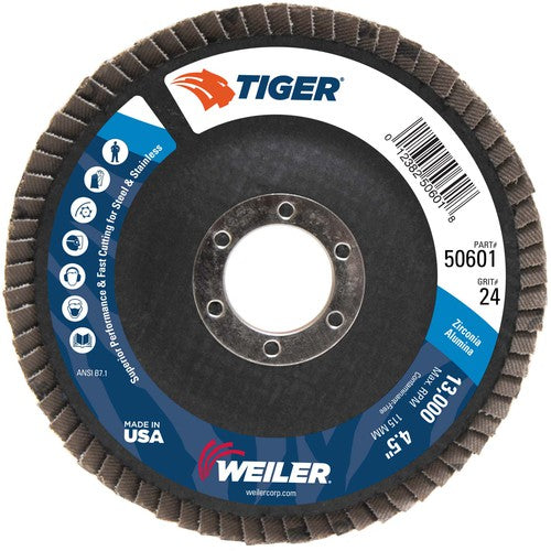 4-1/2″ Tiger Disc Abrasive Flap Disc, Angled, Phenolic Backing, 24Z, 7/8″ Arbor Hole - Top Tool & Supply