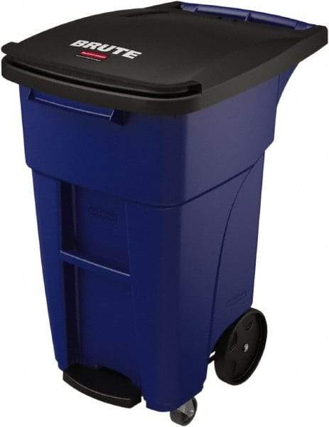 Rubbermaid - 32 Gal Blue Rectangle Trash Can - Plastic, None Graphic, 37.16" High x 20.62" Wide, Lid Included - Top Tool & Supply