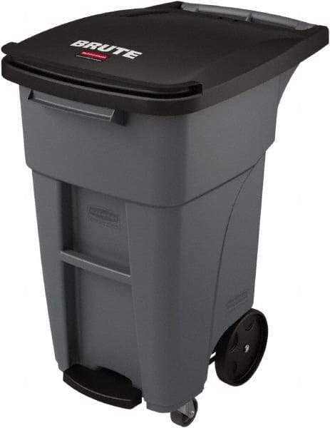 Rubbermaid - 32 Gal Gray Rectangle Trash Can - Plastic, None Graphic, 37.16" High x 20.62" Wide, Lid Included - Top Tool & Supply