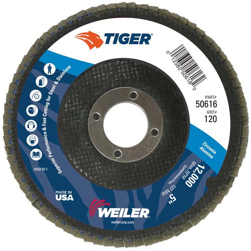 5″ Tiger Disc Abrasive Flap Disc, Angled, Phenolic Backing, 120Z, 7/8″ Arbor Hole - Top Tool & Supply