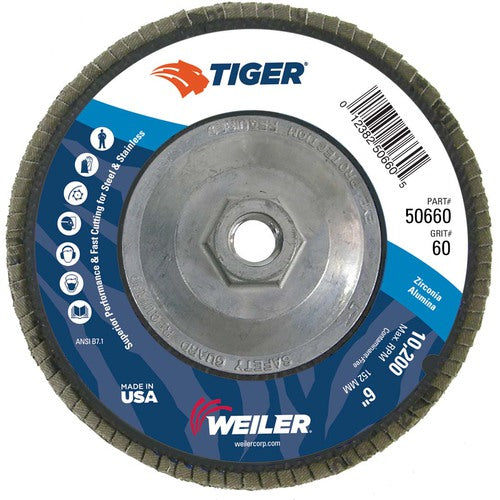 6″ Tiger Disc Abrasive Flap Disc, Angled, Phenolic Backing, 60Z, 5/8″-11 UNC Nut - Top Tool & Supply