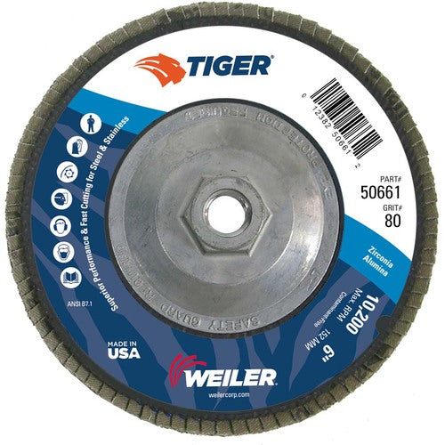 6″ Tiger Disc Abrasive Flap Disc, Angled, Phenolic Backing, 80Z, 5/8″-11 UNC Nut - Top Tool & Supply