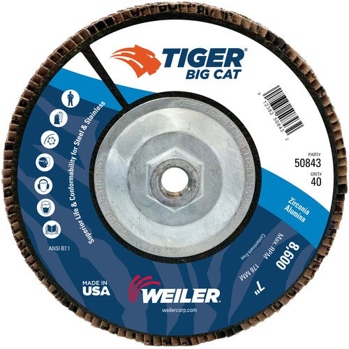 7″ Big Cat Abrasive Flap Disc, Flat, Phenolic Backing, 40Z, 5/8″-11 UNC Nut - Top Tool & Supply