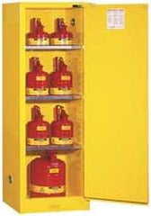 Justrite - 1 Door, 3 Shelf, Yellow Steel Space Saver Safety Cabinet for Flammable and Combustible Liquids - 65" High x 23-1/4" Wide x 18" Deep, Self Closing Door, 22 Gal Capacity - Top Tool & Supply