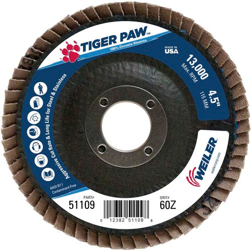 4 1/2″ × 7/8″-60 Grit - T27 Tiger Paw Zirc Flap Disc Phenolic Back - Top Tool & Supply