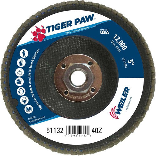 5″ Tiger Paw Abrasive Flap Disc, Flat, Phenolic Backing, 40Z, 5/8″-11 Arbor Hole - Top Tool & Supply