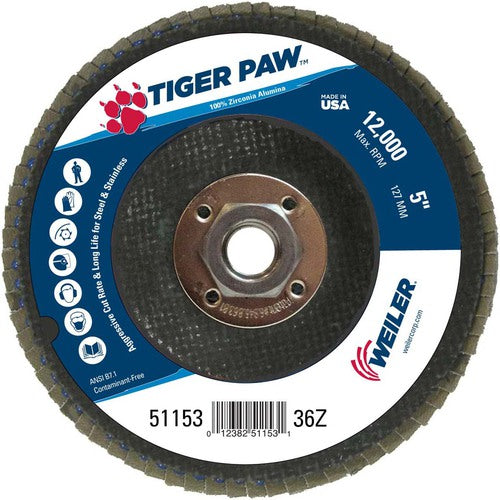 5″ Tiger Paw Abrasive Flap Disc, Flat, Phenolic Backing, 36Z, 5/8″-11 Arbor Hole - Top Tool & Supply