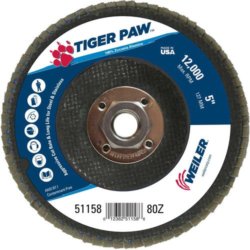 5″ Tiger Paw Abrasive Flap Disc, Angled, Phenolic Backing, 80Z, 5/8″-11 Arbor Hole - Top Tool & Supply