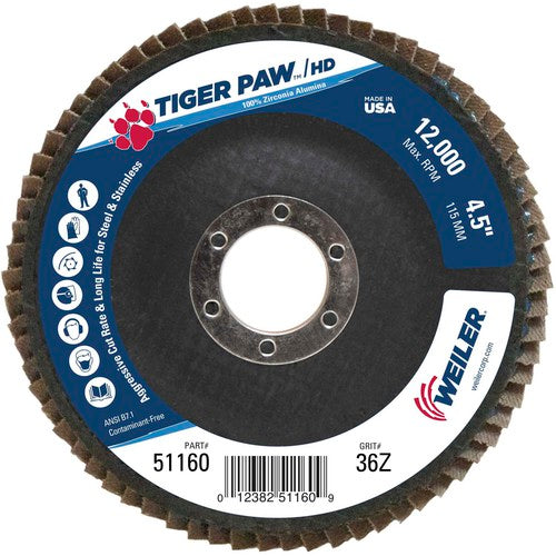 4 1/2″ × 7/8″-36 Grit - T27 Tiger Paw High Density Zirc Flap Disc Phenolic Back - Top Tool & Supply