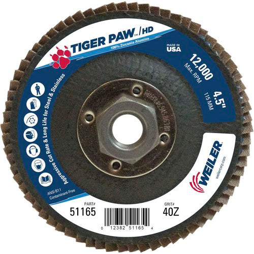 4 1/2″ × 5/8″-11-40 Grit - T27 Tiger Paw High Density Zirc Flap Disc Phenolic Back - Top Tool & Supply