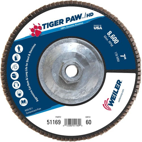 7″ Tiger Paw Super High Density Flap Disc, Flat, Phenolic Backing, 60Z, 5/8″-11 Arbor Hole - Top Tool & Supply