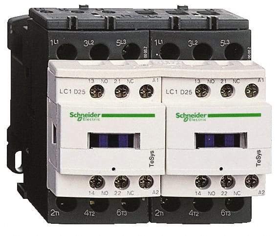 Schneider Electric - 3 Pole, 24 Coil VAC at 50/60 Hz, 12 Amp at 440 VAC, Reversible IEC Contactor - 1 Phase hp: 1 at 115 VAC, 2 at 230/240 VAC, 3 Phase hp: 10 at 575/600 VAC, 3 at 200/208 VAC, 3 at 230/240 VAC, 7.5 at 460/480 VAC - Top Tool & Supply