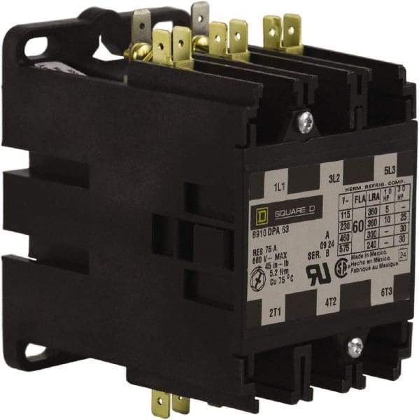 Square D - 3 Pole, 60 Amp Inductive Load, 24 Coil VAC at 50/60 Hz, Definite Purpose Contactor - Phase 1 and Phase 3 Hp:  10 at 230 VAC, 25 at 230 VAC, 30 at 460 VAC, 30 at 575 VAC, 5 at 115 VAC, 75 Amp Resistive Rating, CE, CSA, UL Listed - Top Tool & Supply