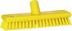 Vikan - 1.3" Bristle Length, Polyester Scrub Brush - 10-3/4" Long x 2-1/2" Wide Head, 11" OAL, European Threaded Handle, Yellow, Polypropylene Block - Top Tool & Supply