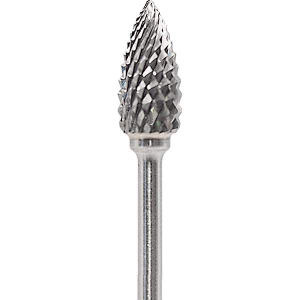 Made in USA - 1/4" Cut Diam, 0.0925" Shank Diam, Flame Head Diamond Cut Burr - Carbide, 1/2" LOC, 2" OAL - Top Tool & Supply