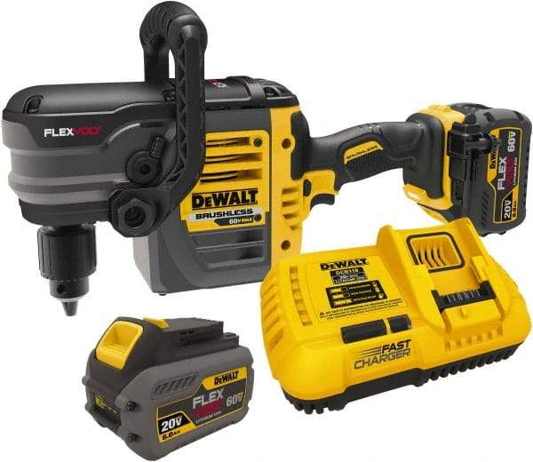 DeWALT - 60 Volt 1/2" Chuck Right Angle Handle Cordless Drill - 0-300 & 0-1200 RPM, Keyed Chuck, 2 Lithium-Ion Batteries Included - Top Tool & Supply