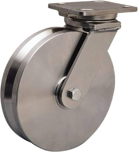 Hamilton - 8" Diam x 2" Wide, Stainless Steel Swivel Caster - 1,600 Lb Capacity, Top Plate Mount, 4" x 5" Plate, Delrin Bearing - Top Tool & Supply