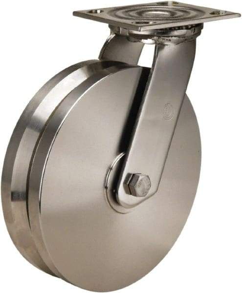 Hamilton - 8" Diam x 2" Wide, Stainless Steel Swivel Caster - 800 Lb Capacity, Top Plate Mount, 3-3/4" x 4-1/2" Plate, Stainless Steel Precision Ball Bearing - Top Tool & Supply