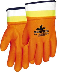 MCR Safety - Size L (9), 10-1/2" Long, 59 mil Thick, Supported, PVC Chemical Resistant Gloves - Rough Finish, Fleece/Jersey Lined, Orange - Top Tool & Supply